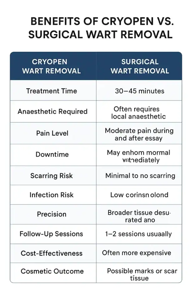 Table showing the benefits of cryopen to remove warts Basildon compared to surgical treatment